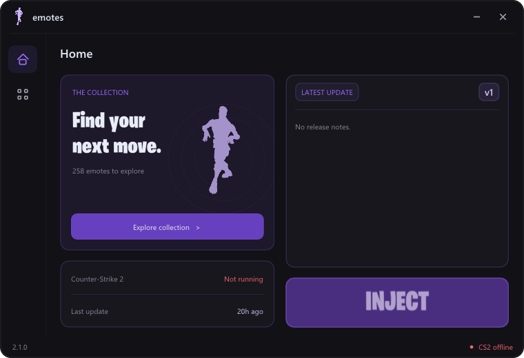The emotes desktop loader Home tab with its collection link, changelog and Inject button